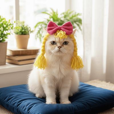 Double Braids Pet Wig Braid Bow Pet Headgear Pet Dress Up Cat Funny Headpiece  Cosplay Events