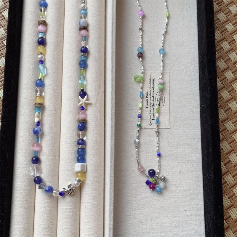 Handmade Korean Style Colorblock Cat Eye Bead Necklace Women Layered Sweet Minimalist Choker Chain