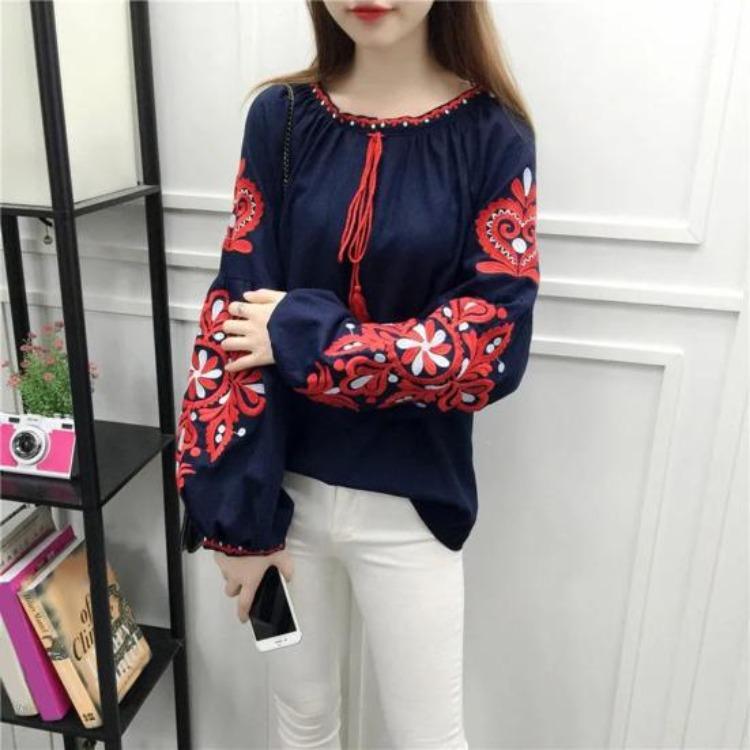 Women Summer Blouse Ethnic Embroidered Pullover Top Round Neck Lantern Sleeve Loose Fit Tunic Shirt