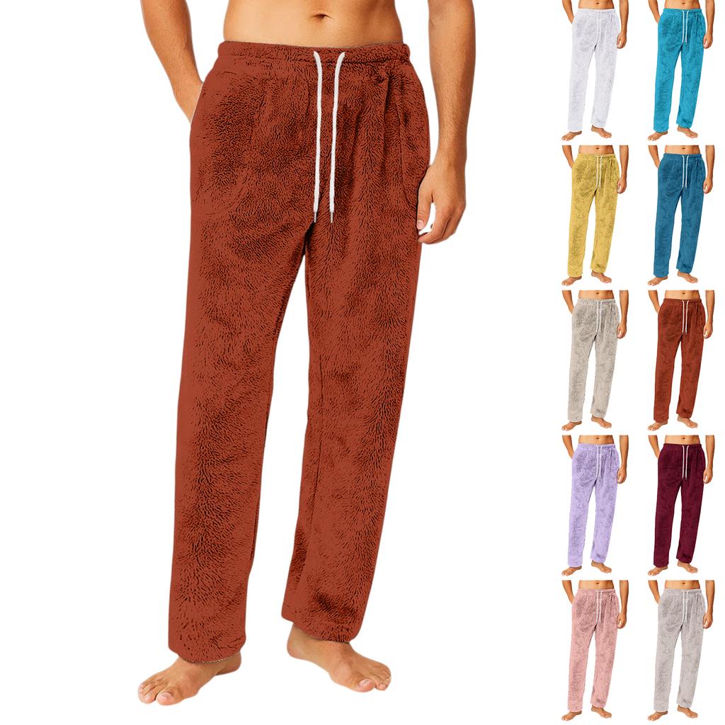 Men's Drawstring Pocket Flannel  Pants Homewear Sleep Pants