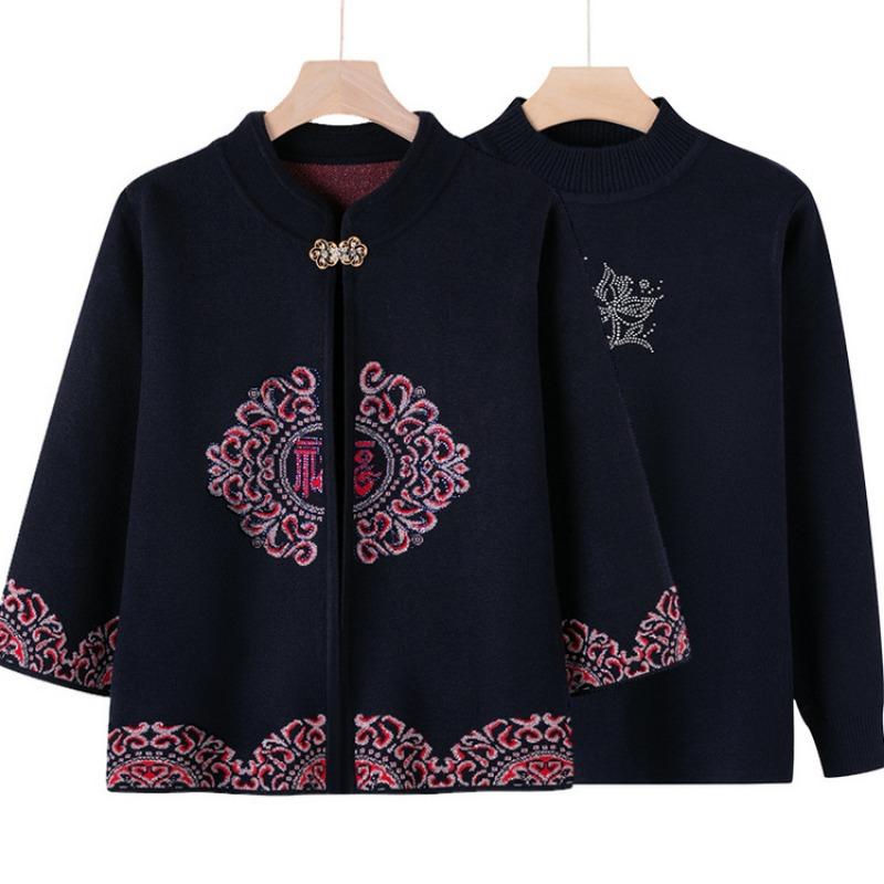 Middle-aged Knitted Sweater Festive Two-piece Set Women's Spring and Autumn Cardigan Mother Outfit Mother-in-law Sweater Grandma Shawl Jacket
