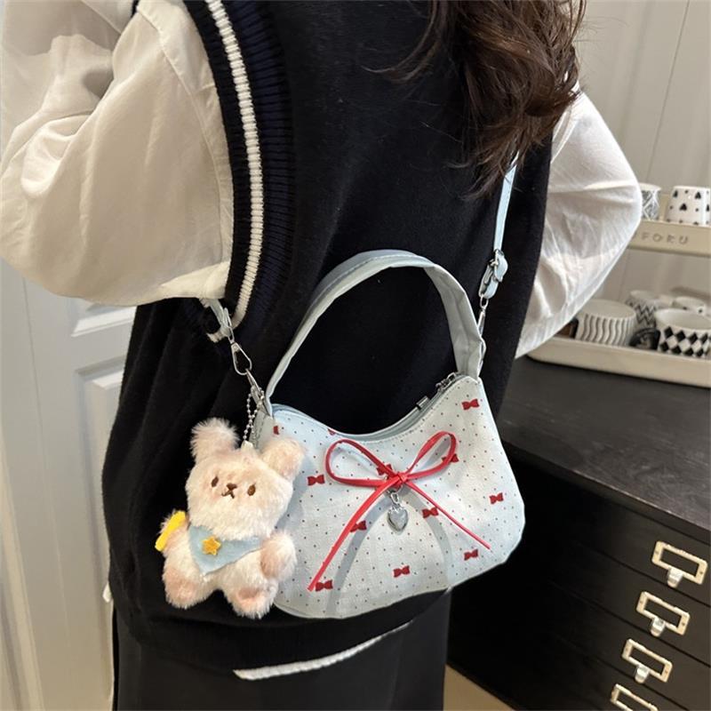 Cute Bowknot Print Shoulder Bag With Plush Pendant Crossbody Bag Handbag Girly Tote Commuter Bag Women Underarm Bag Gift