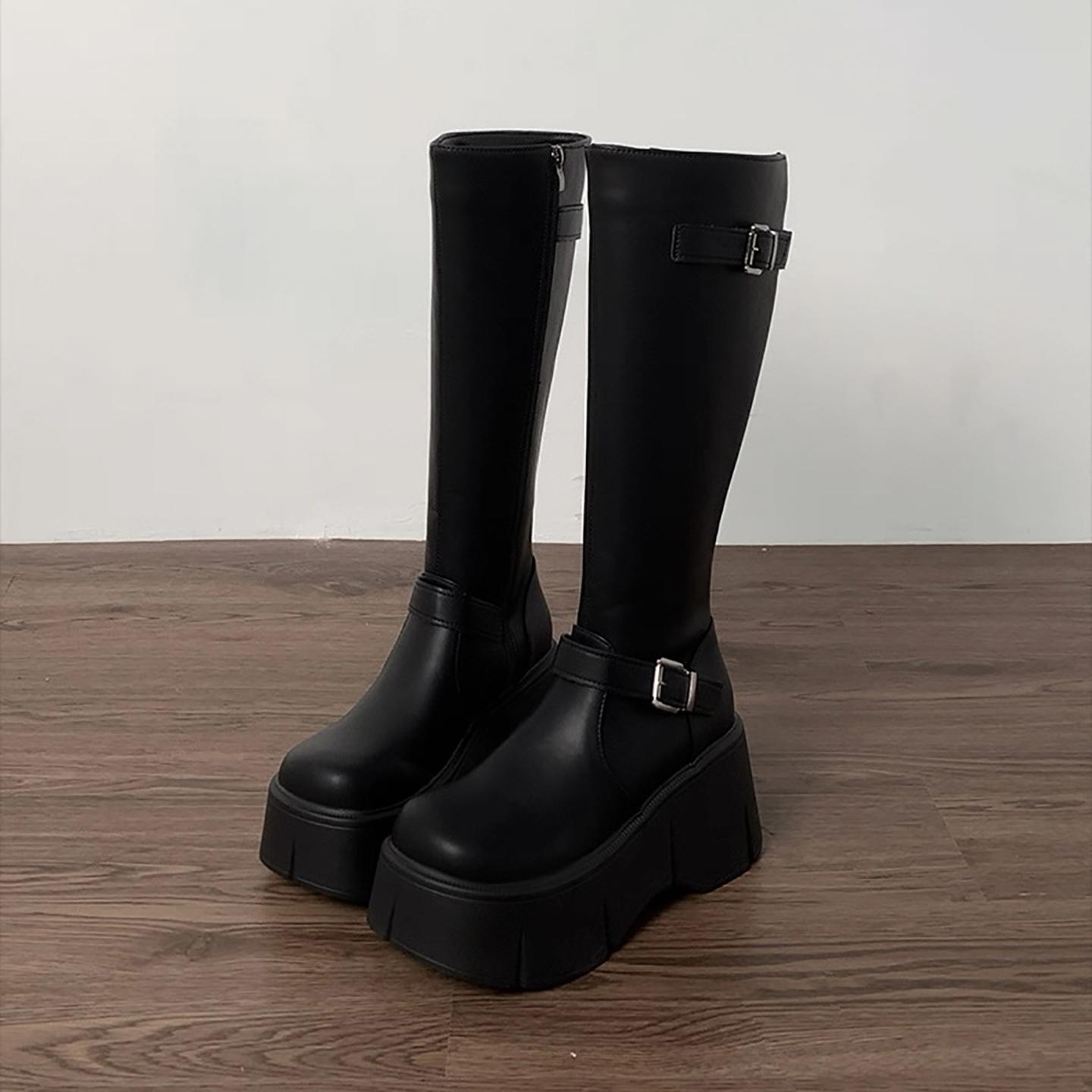 

Модные туфли на платформе и высоком каблуке, женские высокие сапоги, модная пряжка с ремнем, облегающие длинные ботильоны, осенне-зимние женские рыцарские боты 39 чёрный