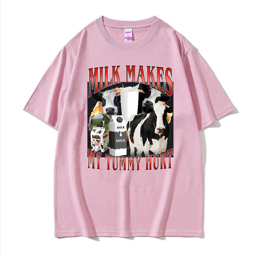 Milk Makes My Tummy Hurt Funny Cow Graphic T Shirts Unisexs Women Clothing Fashion Retro Tshirts Casual Summer T Shirt Streetwear