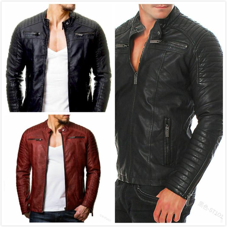 European and American men's cotton-pressed leather jacket large size slim-fitting fashion locomotive pu jacket color stand-up collar jacket men