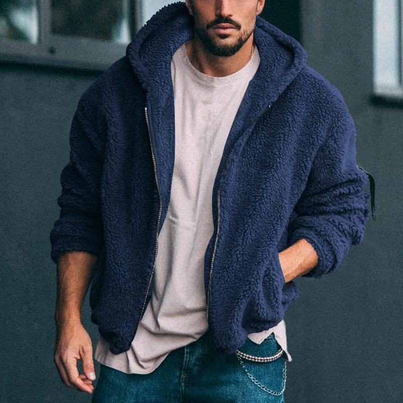 Men's Double-Sided Fleece Jacket Hooded Solid Zip-Up Coat Casual Warm Outerwear