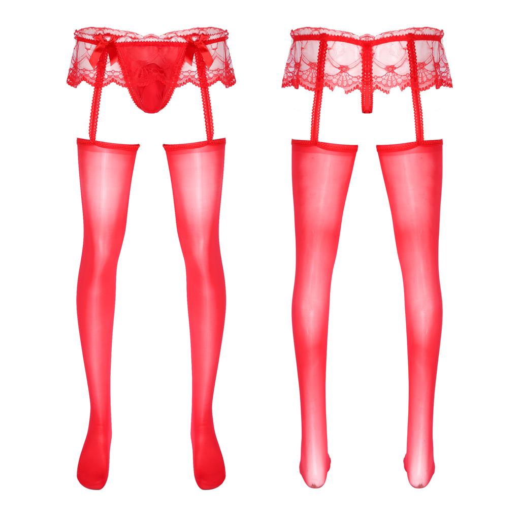 Mens Exotic Sheer Lace Briefs with Stocks Cutout Pantyhose Bulge Pouch G-Strings Glossy Garters Leggings Sissy Nightwears Party