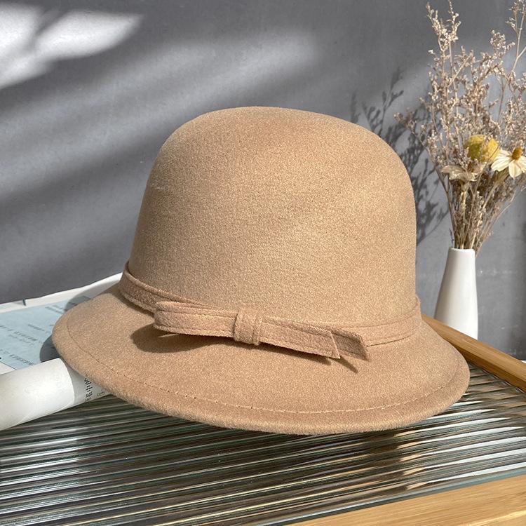 French Simple Wool Bucket Hat Women'S Retro Autumn And Winter Dome Elegant Top Hat White Bow Basin Hat
