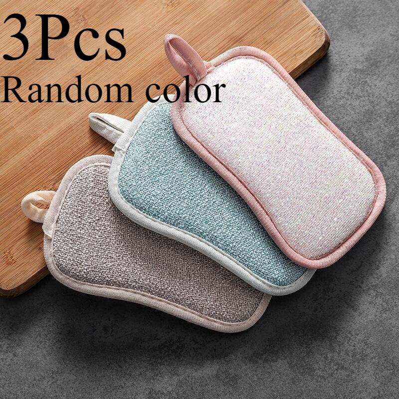 1/2/3pcsNon-Scratch Microfiber Sponge,Multi-Purpose Scrub Sponges For Kitchen Kitchen Gadgets,Cleaning Plate Sponge Kitchenware