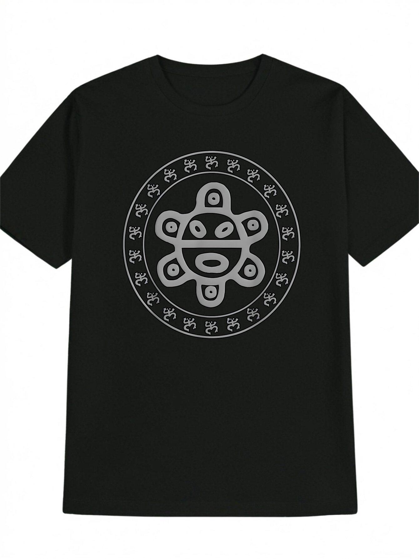 Casual Round Neck T-shirt with Intricate Abstract Geometric Print - Black XXXL