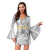 Womens 70s Disco Costume V Neck Flared Sleeve Crystal Decor Metallic Shiny Bodycon Dress