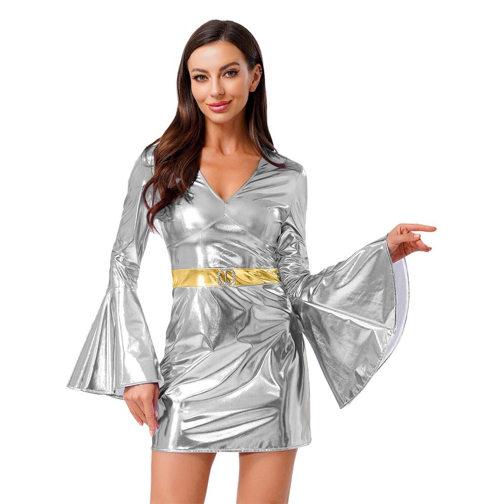 Womens 70s Disco Costume V Neck Flared Sleeve Crystal Decor Metallic Shiny Bodycon Dress