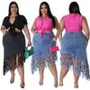 Plus Size Womens Denim Midi Skirt With Fringe Detail High Stretch Irregular Hem Casual Chic Outfit