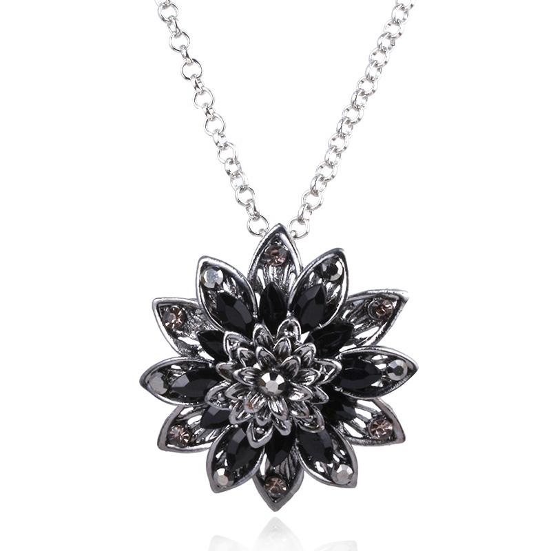 Michel Jone Zirkon Schwarze Dahlie Halsketten Vintage Blume Kristall Kupferlegierung Anhänger Halskette mit Perlen Schmuck Für Frauen Geschenk