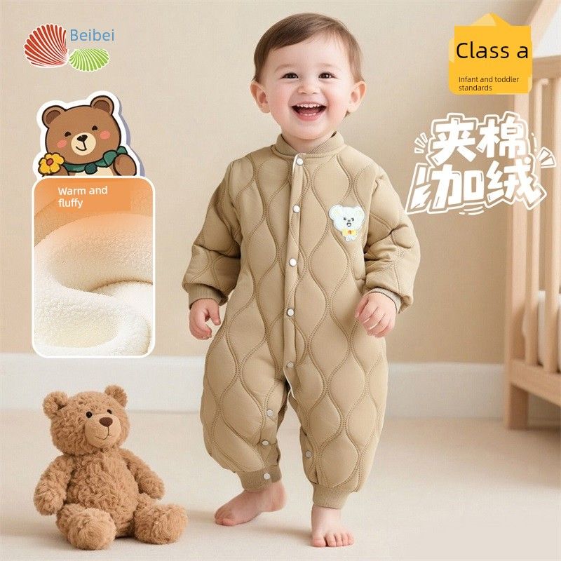 

Beibeiyi Children s Clothing Winter Boys Quilted and Fleece-Lined Warm Jumpsuit Cute Cartoon One-Piece Romper for Boys Khaki 90 cm
