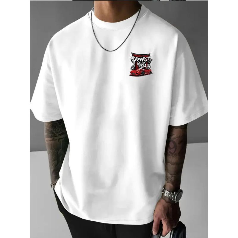 European Size Men Crew Neck T Shirt, Heavy Metal Racing Letter Front Back Print, Versatile Streetwear for Commute Office Home Leisure Daily Wear