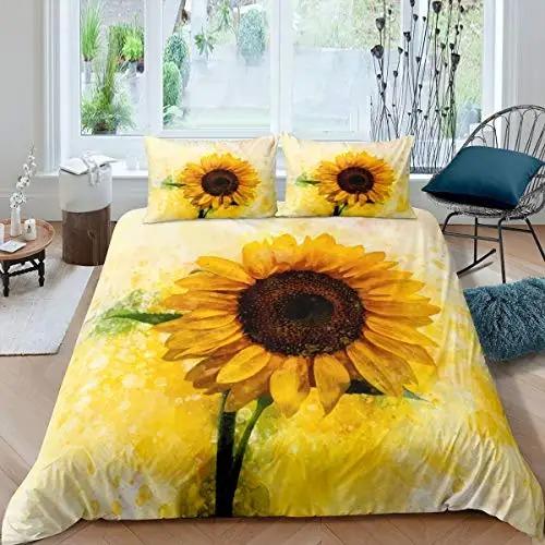 Sunflower Duvet Cover Set Blooming Sunflowers Field Print Bedding Set for Kids Modern Oil Painting Microfiber Comforter Cover