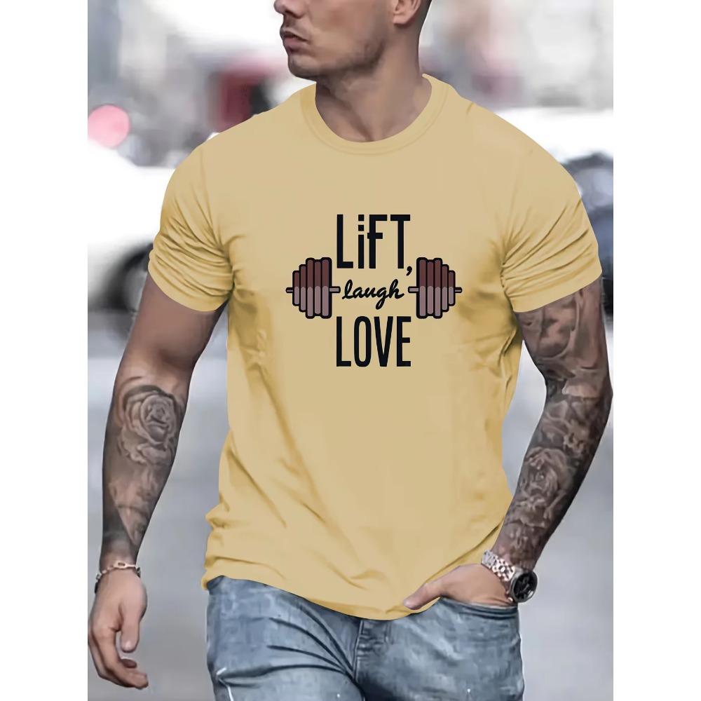 Lift Laugh Love Print T Shirt, Tees For Men, Casual Short Sleeve T-shirt For Summer