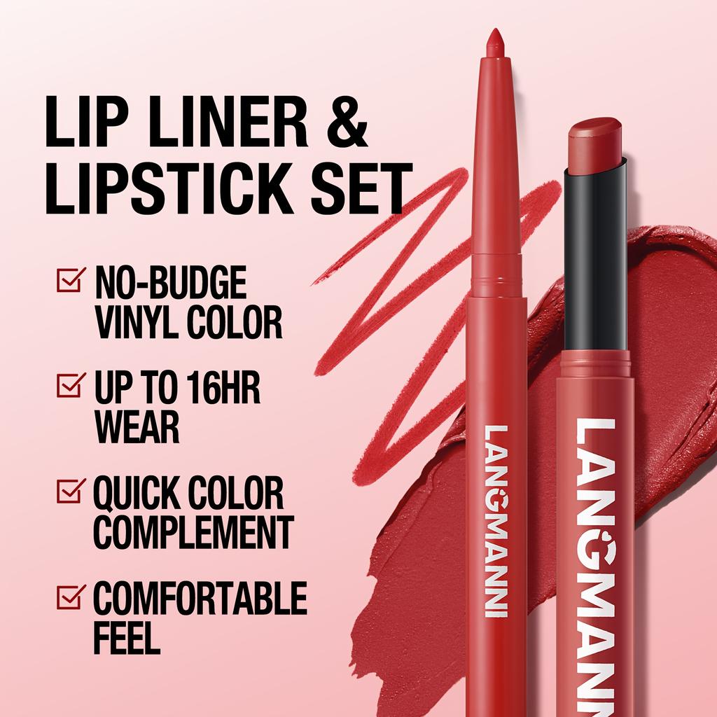 2set Lip Liner & Lipstick Set, Matte Effect and Moisturizing Lipstick Create Full Lips, Waterproof Formula Lip Makeup