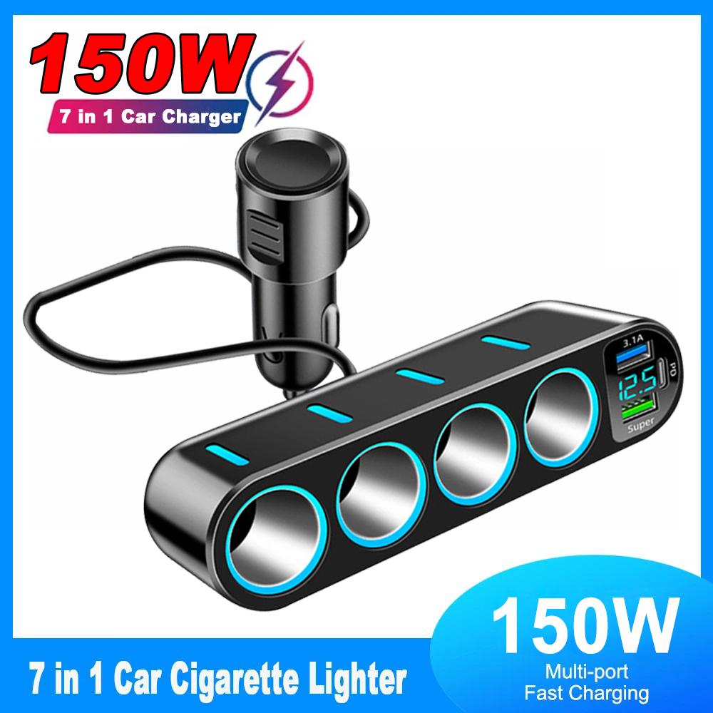 150W Car Charger Adapter 7 In 1 Cigarette Lighter Splitter PD30W/QC 3.0 Fast Charger 12V/24V DC Cigarette Outlet