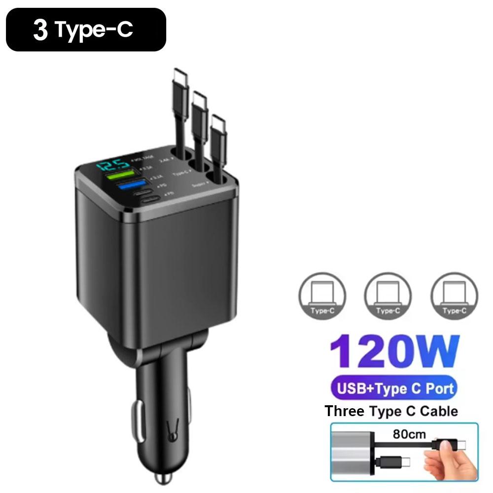 7-IN-1 Car Charger Retractable Type C Cable Fast Charge Cigarette Lighter Adapter Type C USB Charger For IPhone Huawei Samsung