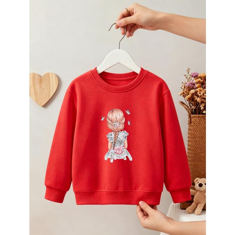 Kids Girls Crewneck Sweatshirt, Watercolor Braided Girl Back View With Butterflies Floral Dress Print Light Pink Soft Fleece Pullover