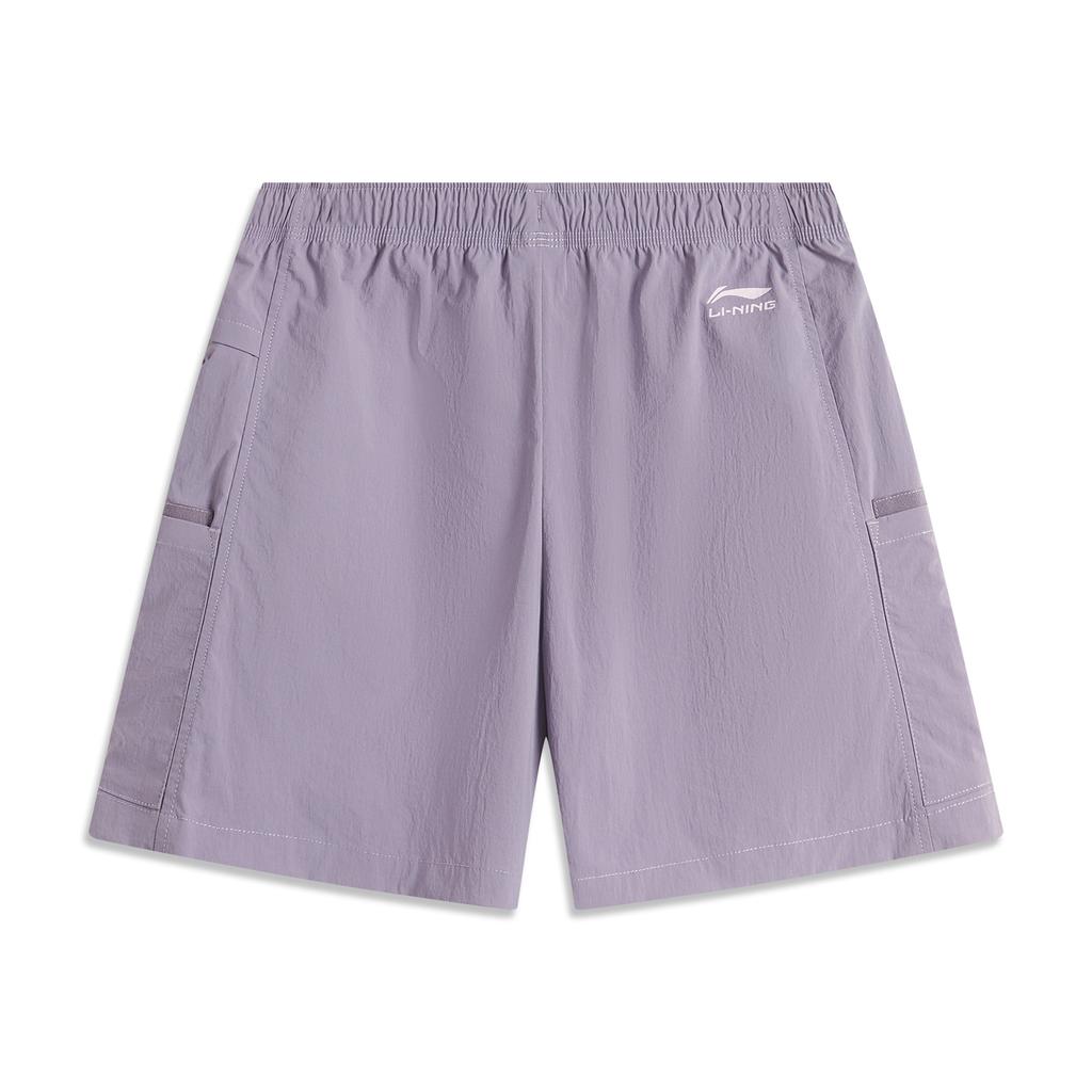 Li Ning Sports Lifestyle Series Solid Color Mid Waist Breathable Versatile Straight Leg Sports Shorts Women shorts Dark-Gray Purple AKSV408-5