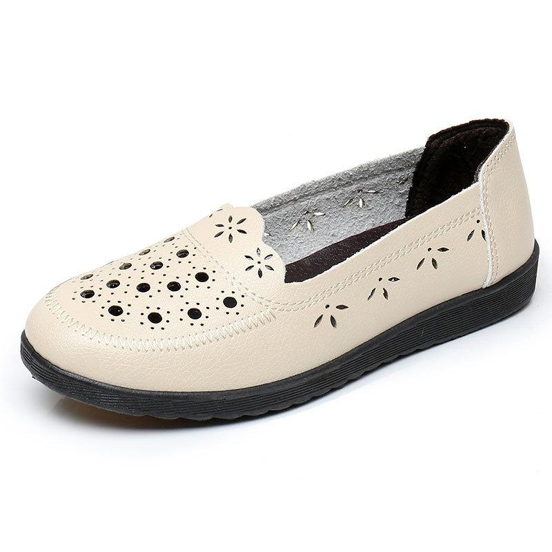 Spring single shoes breathable fashion hollow leather shoes soft sole non-slip flat bottom old man hole shoes middle old women's shoes