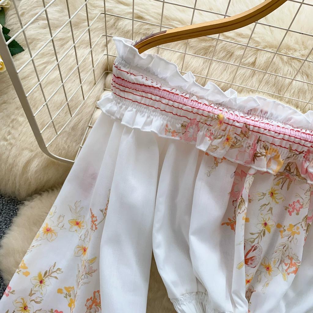 Boho Floral Off Shoulder Floral Print Mini Dress Women Long Sleeve Ruffle Hem Smocked Waist Vintage Summer Beach Dress