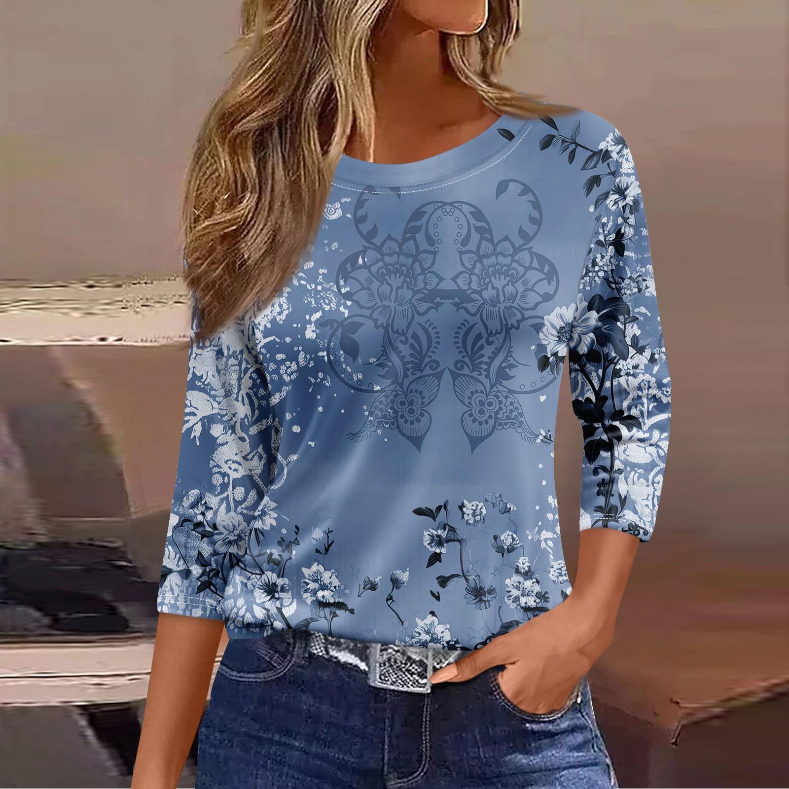 

Жіноча модна повсякденна вільна футболка з принтом і круглим вирізом з рукавом 3/4 M синій