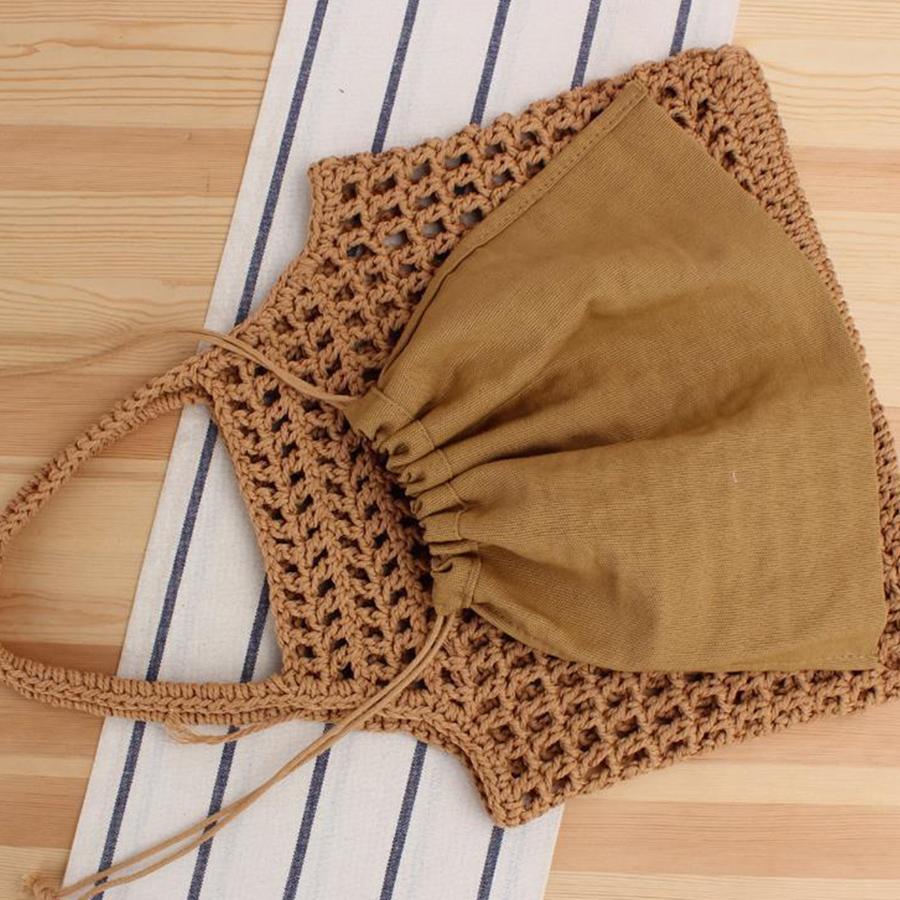 Women Hollow Out Clutches Top-handle Bag Hand-woven Shoulder Bag with Cott Thread Summer Beach Shopper Satchel Female Handbags