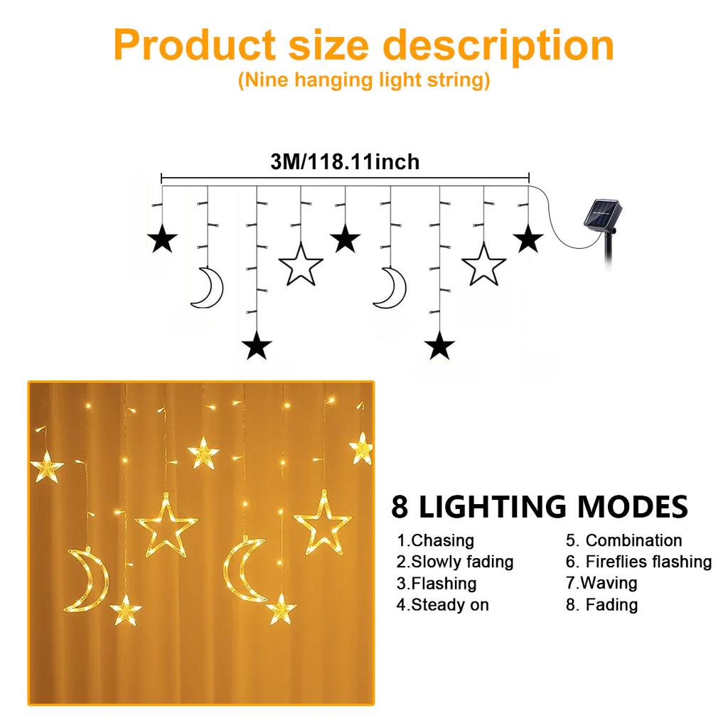 Solar Icicle Lights LED Outdoor Waterproof Moons Stars Curtain Window String with 8 Modes Warm White Hanging Decor for Patio
