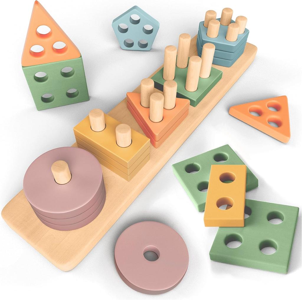 Sweety Fox Montessori Stacking and Sorting Toy,Wooden Activity and Development Toy in Pastel Colours, Montessori Games for Toddlers from 1 Year of Age