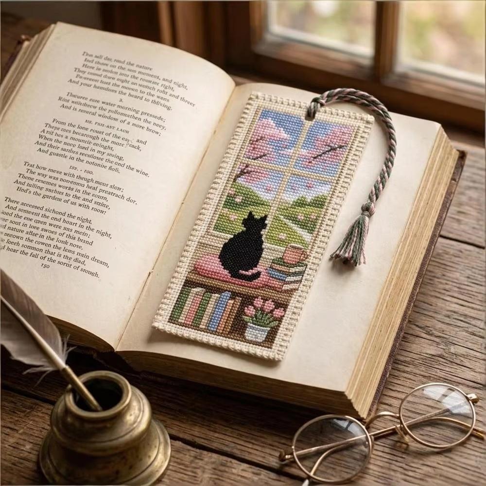 Handcrafted Cross Stitch Bookmark Material Kit Seasonal Cat Book Page Marker  for Book Lovers