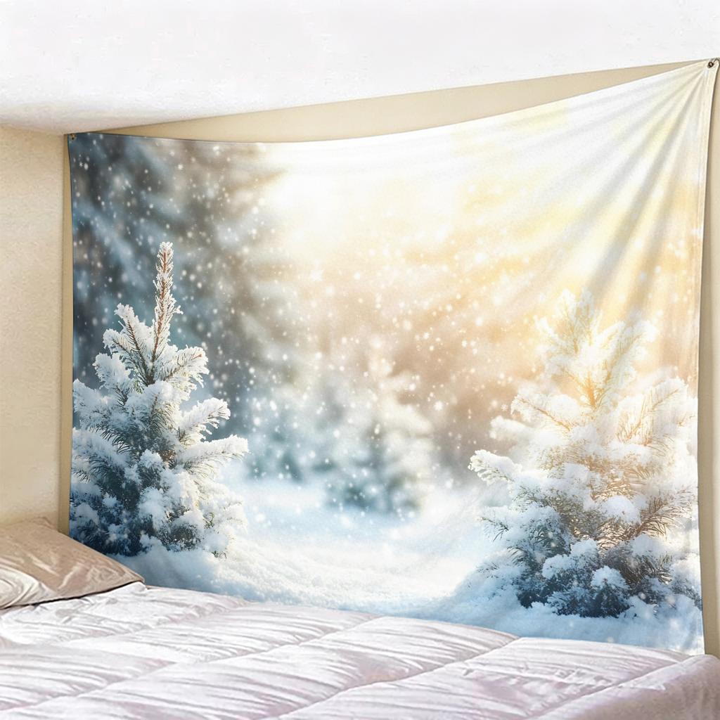 Blue Winter Forest Christmas Tapestry, Snow-Covered Pine Trees Wall Hanging, Aesthetic Holiday Backdrop for Bedroom Decor