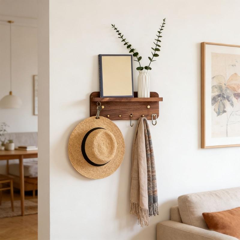 Elegant Brass Key Rack With 6 Metal Rings And Wooden Storage Shelf For Home Use