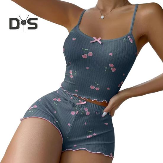 

2 шт./комплект. Жіноча жилетка. Шорти. Костюм. Бант. Вишневий принт.. Топ без рукавів. Короткі штани з високою талією. Домашній одяг. Одяг для відпочинку. Літній одяг для сну. L