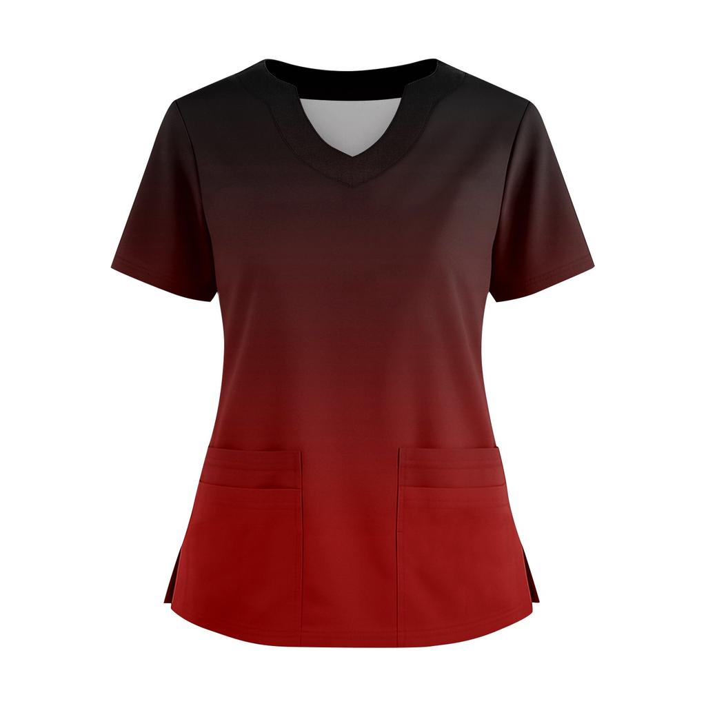 Women's Loose Short Sleeved Fashionable Stripes And Gradients Printing V-neck Buttonable Side Slit Top T-shirt