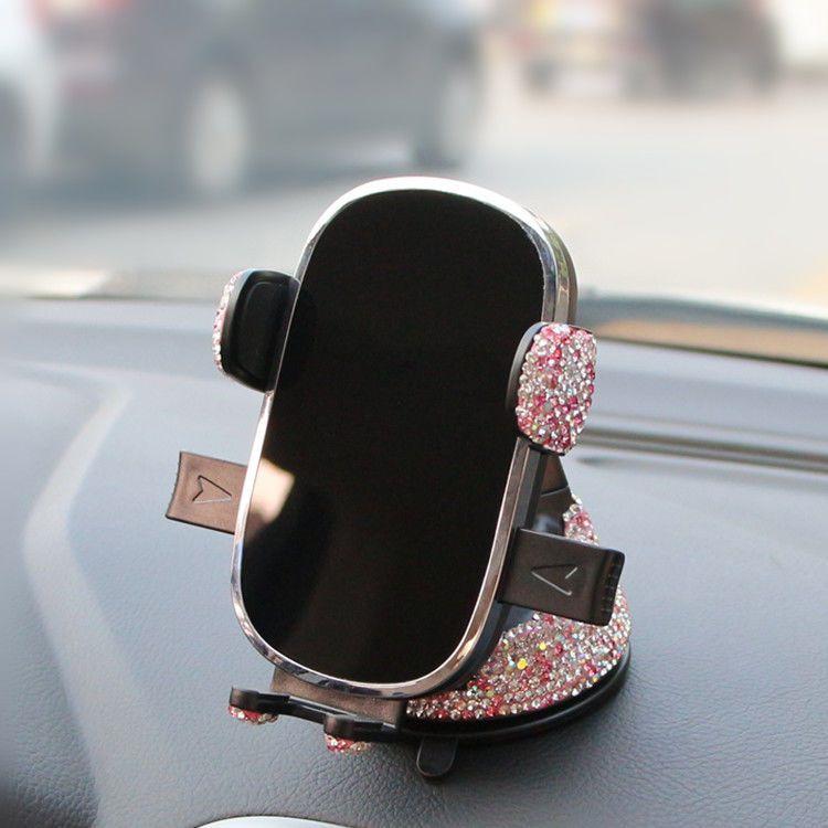 Rhinestone Car Phone Holder: Horizontal Suction Cup for Center Console, Multi-Functional Navigation Support