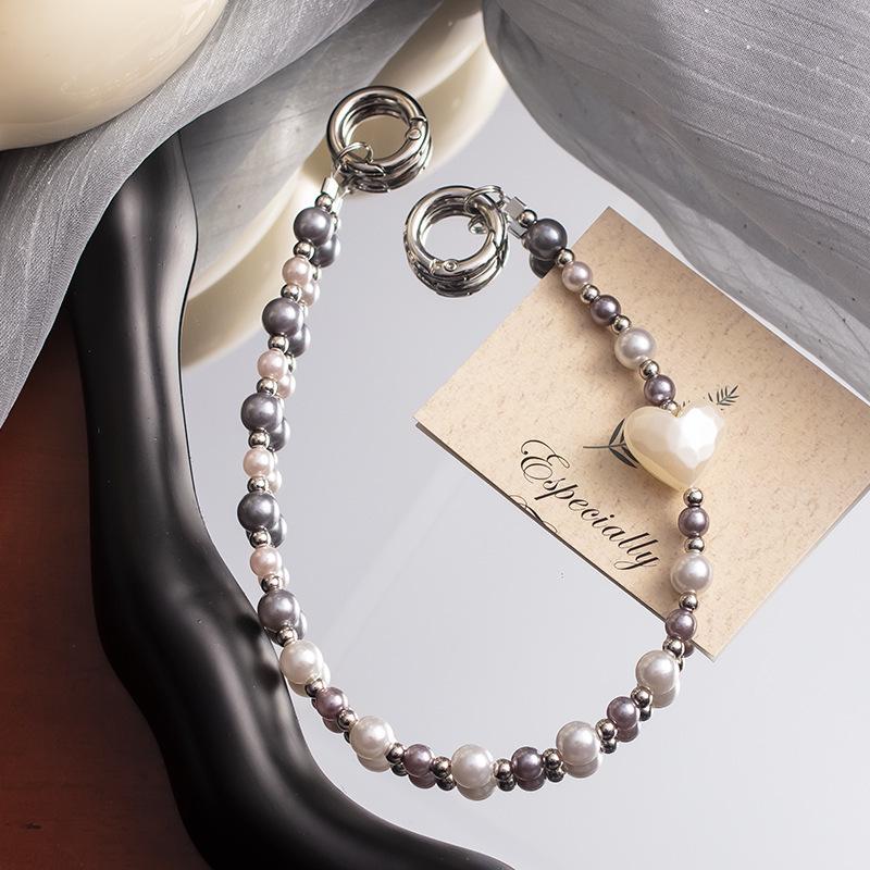 New Gray-Purple Heart Fairy Phone Lanyard: Anti-Drop Pearl Wrist Strap with High-End Appeal