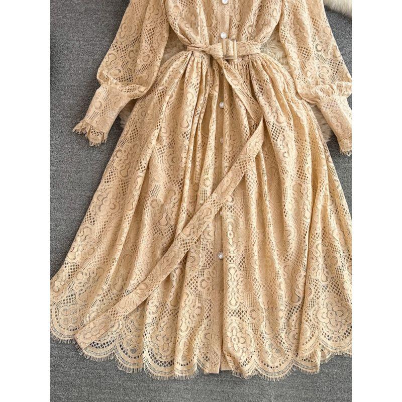 Socialite Lantern Long Sleeve Single-Breasted Dress Lace