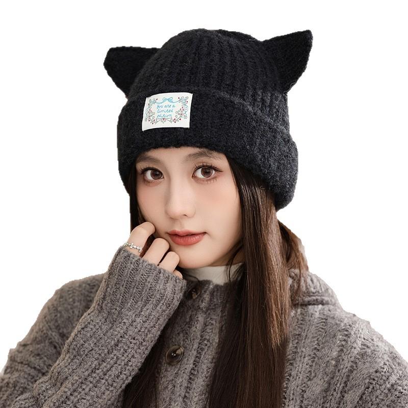 Fashionable and Versatile Warm Cat Ear Wool Hat for Women In Autumn and Winter Thickened Windproof Pullover Hat Japanese Casual Ear Protection Hat