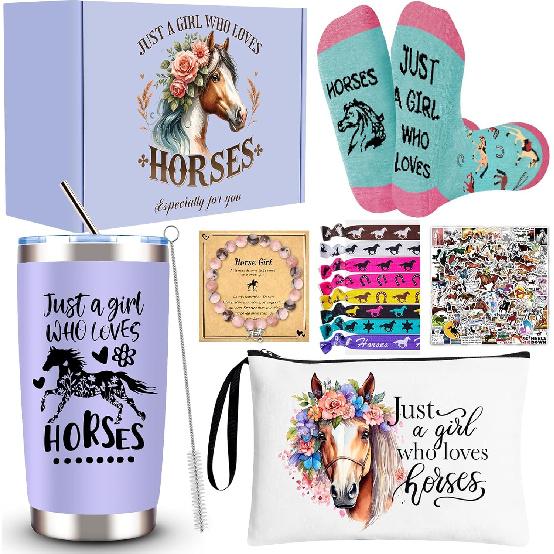 Horse Lover Gifts for Girls, 7 Pcs Horse Stuff Cool Gifts for Horse Lovers with 20 Oz Tumbler Socks Makeup Bag Bracelet Stickers Hair Accessories,