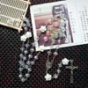 62KD Rose Crystal Rosary Necklace Catholic Vintage for Cross Pendant Long Chain Neckl