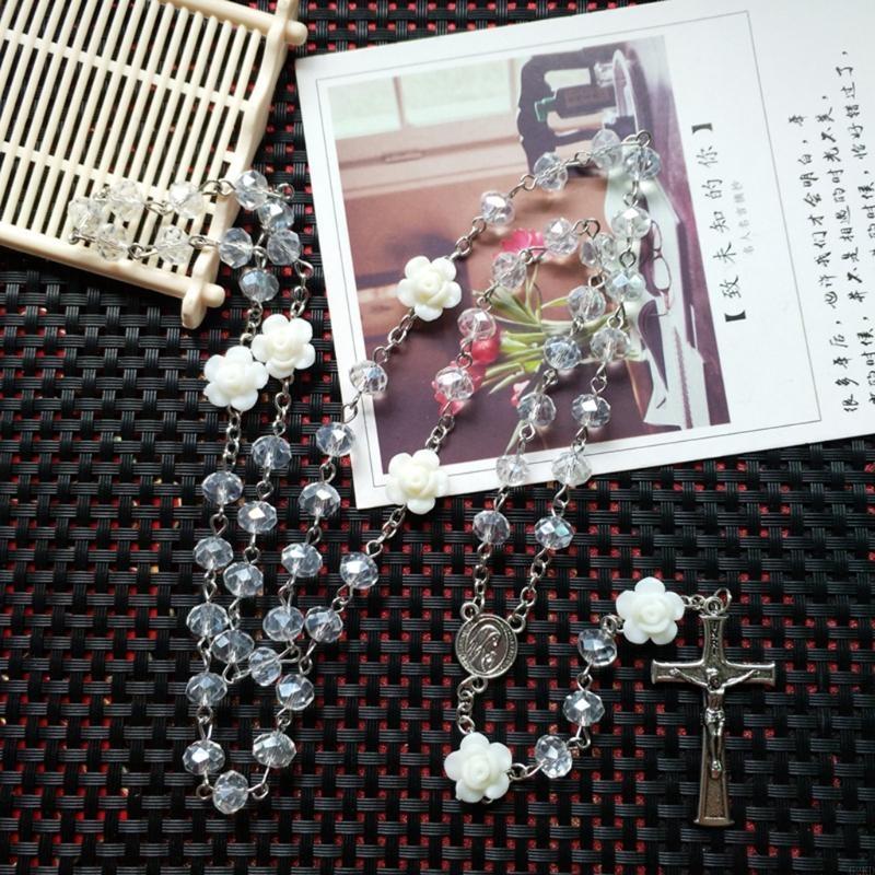 62KD Rose Crystal Rosary Necklace Catholic Vintage for Cross Pendant Long Chain Neckl