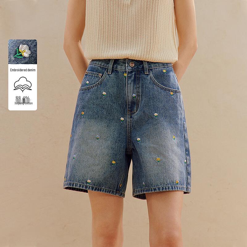 INMAN Women s Embroidered Wide-Leg Denim Shorts 28