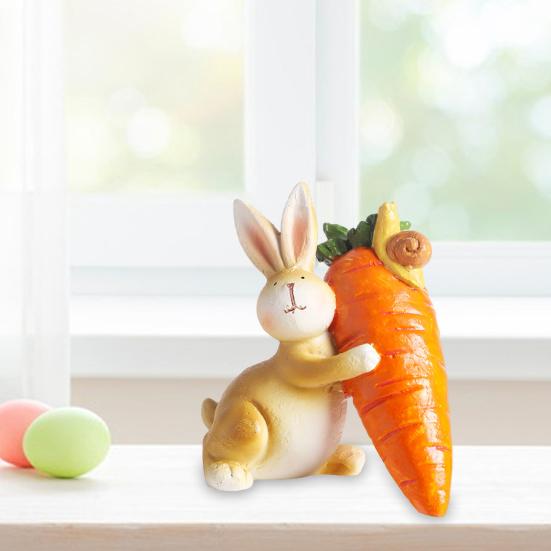 Osterhasenfigur Niedlicher Hase mit Karotte Skulptur Handgefertigte Harz Tierstatue für Innen Außen Garten Rasen Hof Balkon Heim Tischdeko