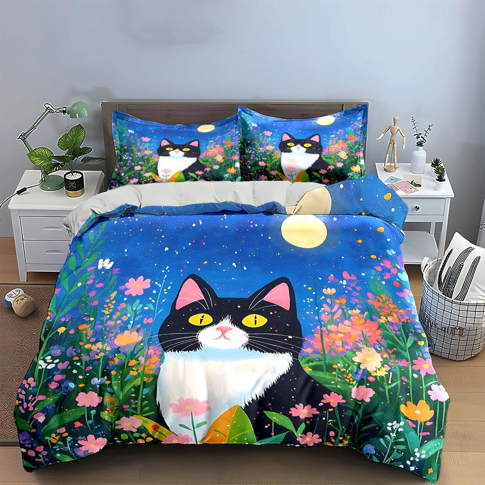 Black Cat and Red Fish Design Bedding Duvet Cover Set Duvet Cover Pillowcases  (1*Duvet Cover 2*Pillowcases, without duvet insert)