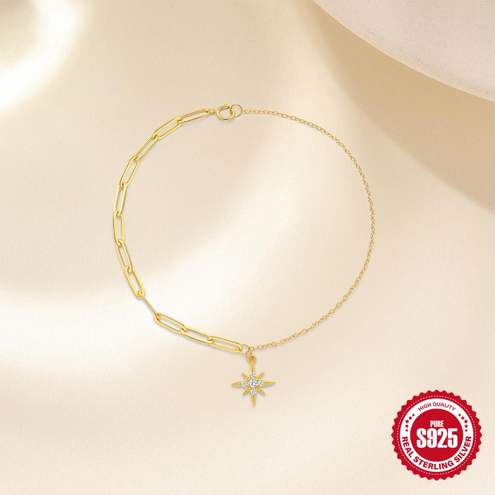 S925 Sterling Silver Paperclip Chain Octagram Diamond Pendant Versatile Fashion Bracelet Splicing Chain Design Bracelet