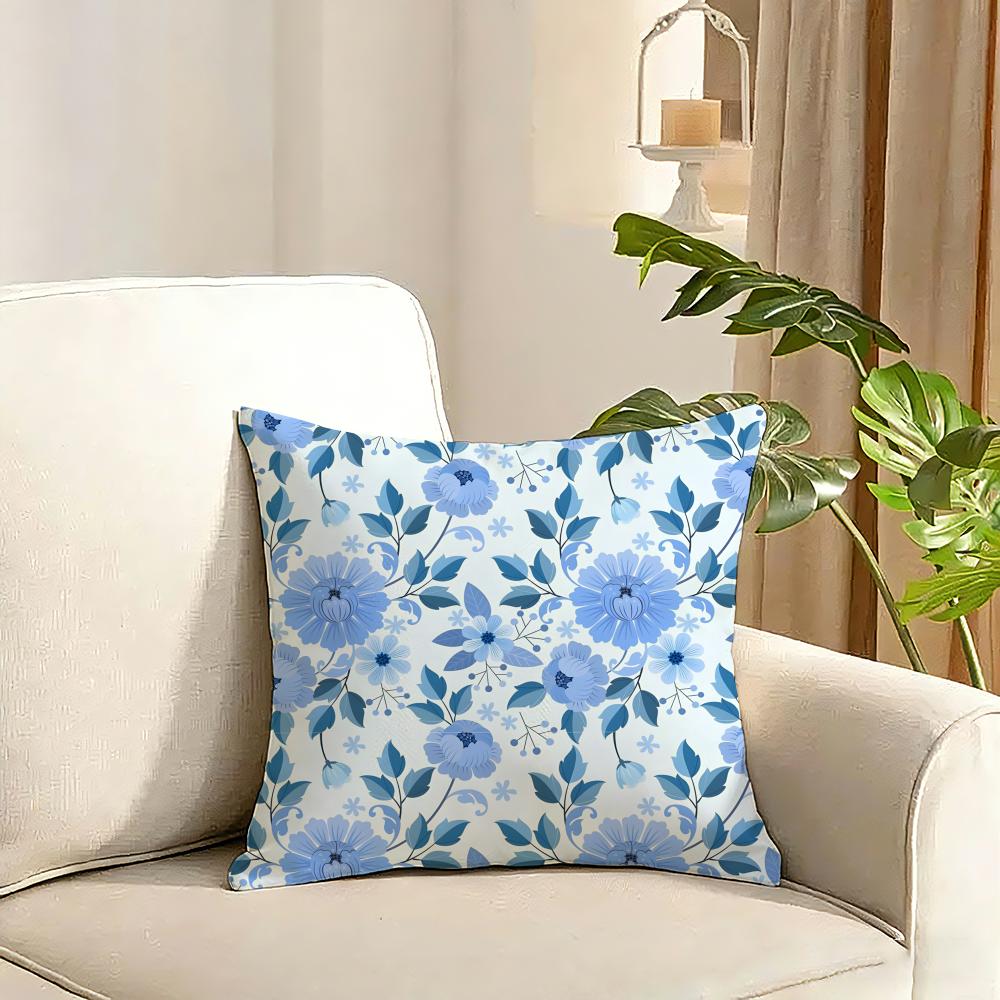 Elegant Blue Floral Cushion Cover Reversible Plush Pillow Cover Soft Fluffy Home Decor for Sofa Bedroom